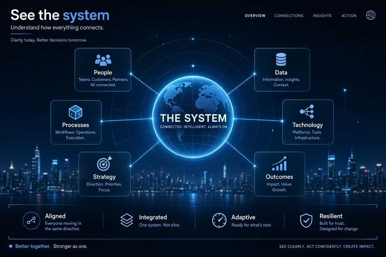See the system: people, data, processes, technology, strategy and outcomes connected around one system